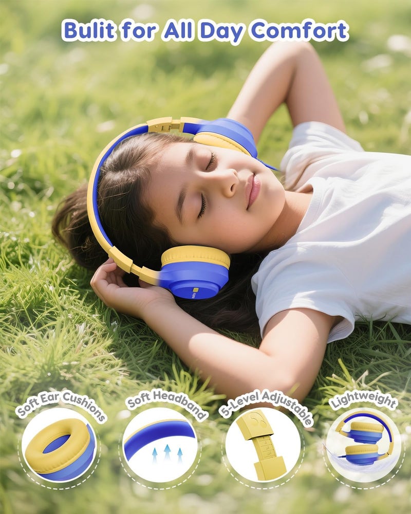 awatrue Kids Headphones, 74/85/94dB Volume Limiter, Foldable Wired Over Ear Headphones for Travel, 3.5mm Jack, Toddler Headphones for School, Chromebook, iPad, Tablet, Blue Yellow - Image 4